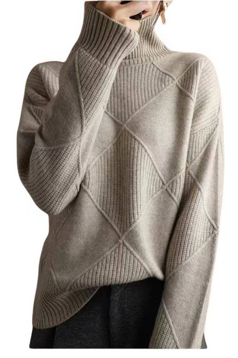 CWOSWL07650_SOLID COLOR HIGH COLLAR DIAMOND CHECK SWEATER