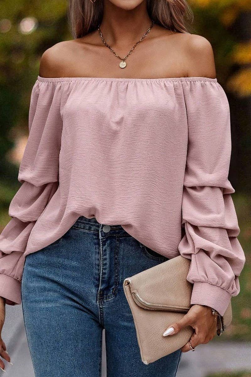 CWTBLL4006_SOLID OFF SHOULDER KNOT SLEEVE LONG SLEEVE SHIRT