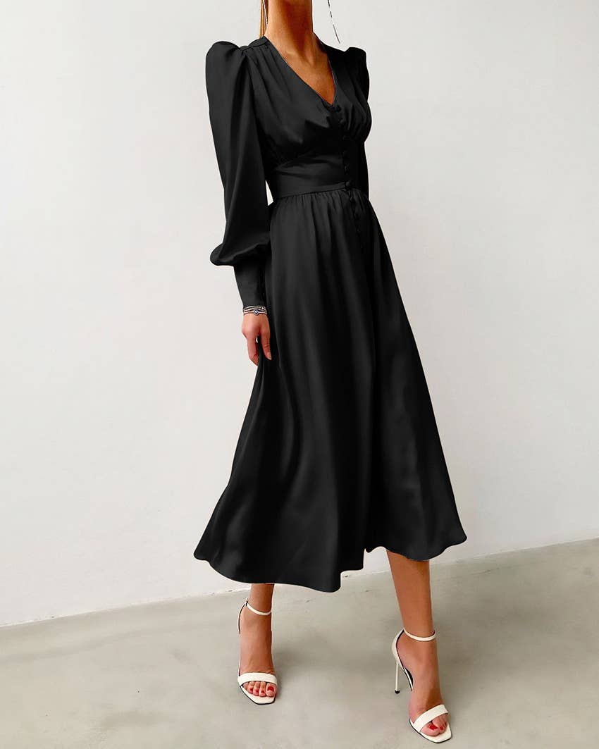 CWDMD4167_VINTAGE SATIN COURT DRESS WITH WAIST AND V-NECK