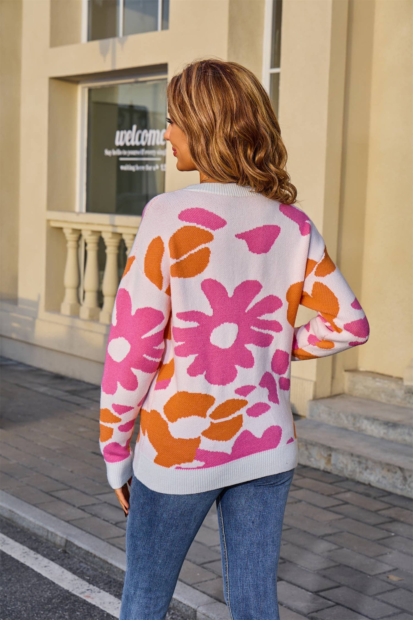 Casual versatile floral printed knitted sweater