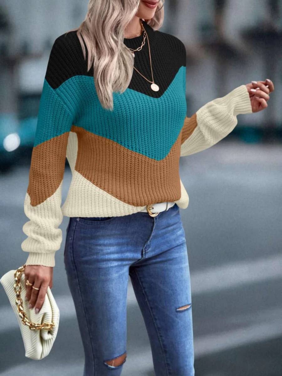 CREW-NECK COLOR SPLICING BASIC PULLOVER SWEATER
