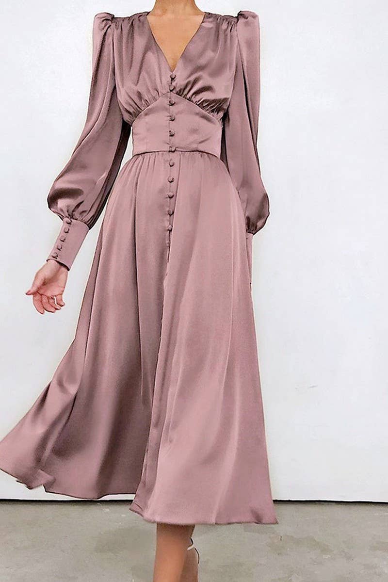 CWDMD4255_V-NECK SATIN PALACE RETRO LONG SLEEVE DRESS