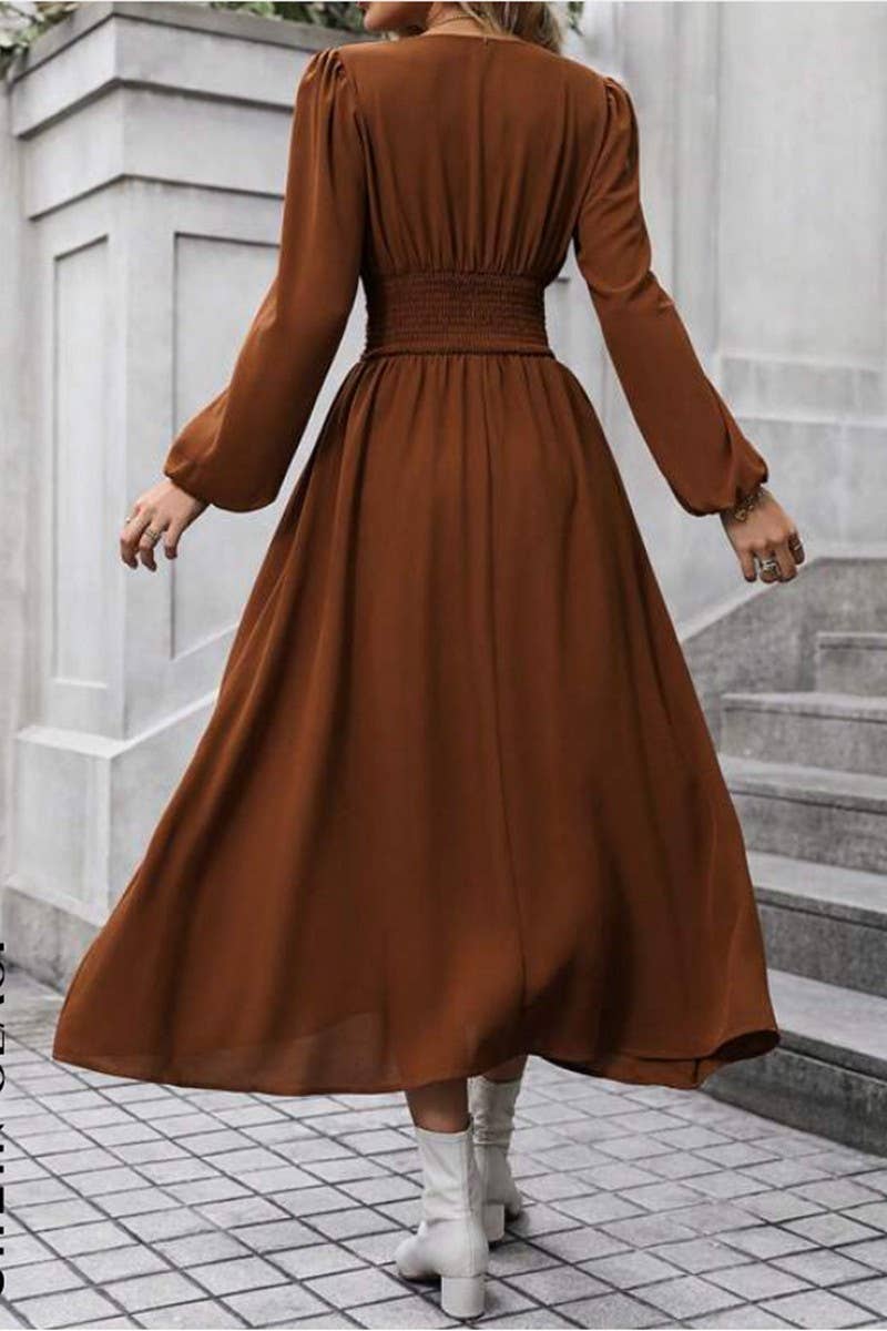 ELEGANT V-NECK PUFFED SLEEVE WAIST SLIT DRESS