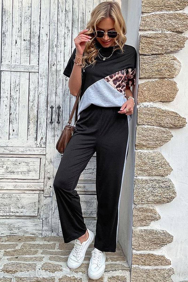 CWSTB1965_COLORBLOCK LEOPARD PRINT TEE CASUAL SET