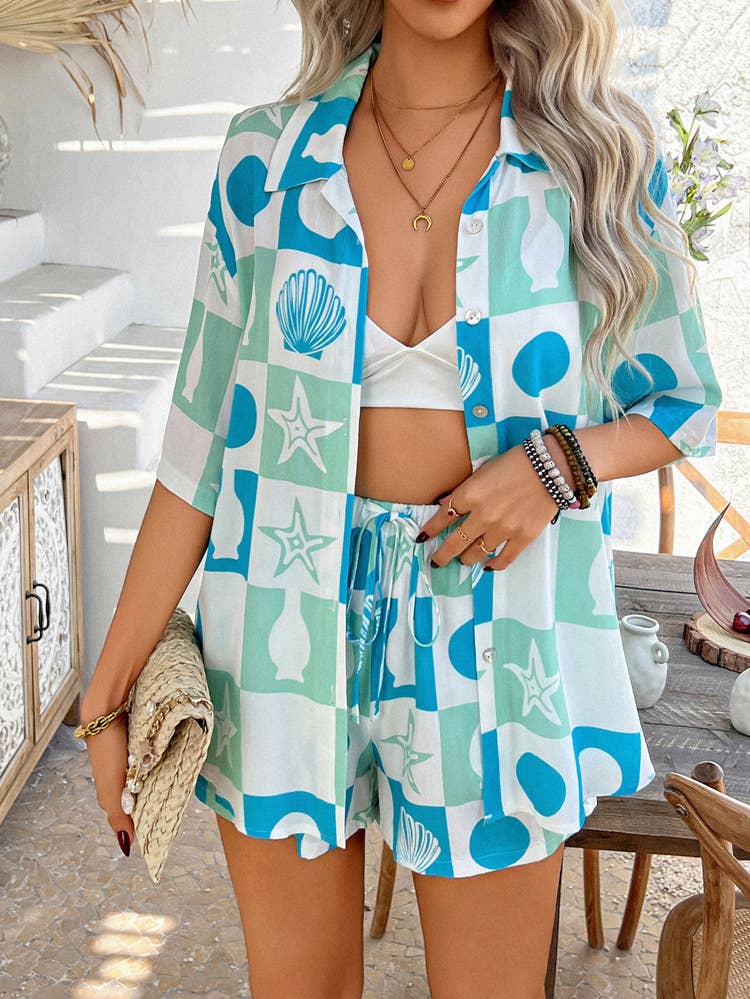 Bohemian Casual Color-Block Print Short Set