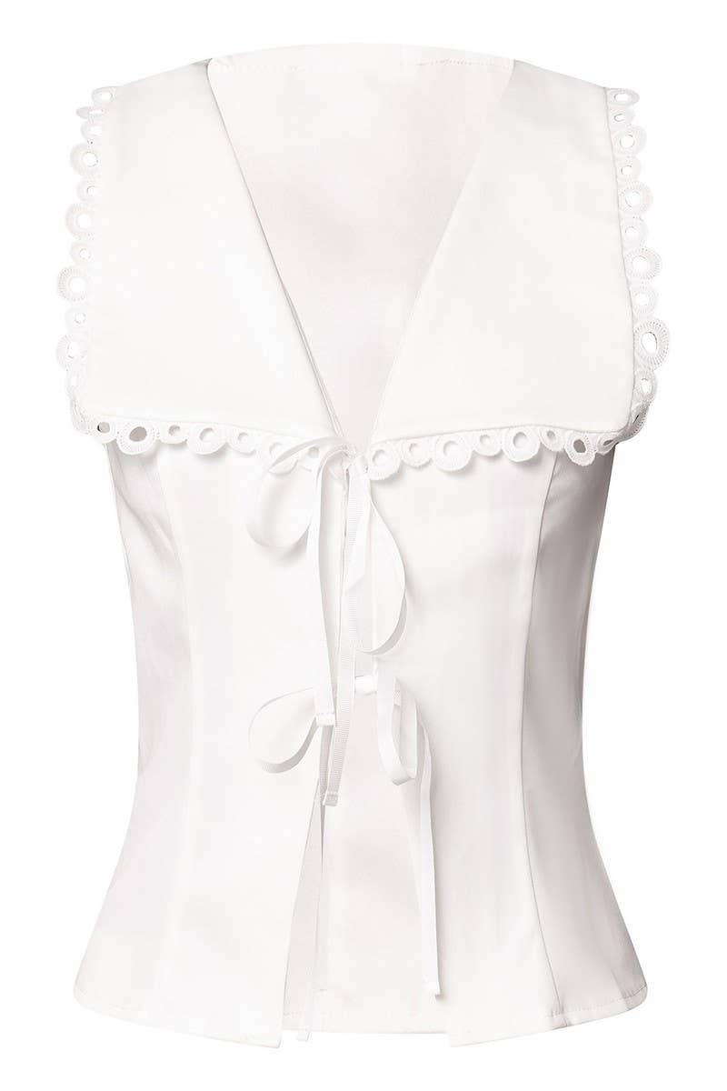CWTBLSL1001_LACE TRIM TIE FRONT SLEEVELESS SHIRT TOP