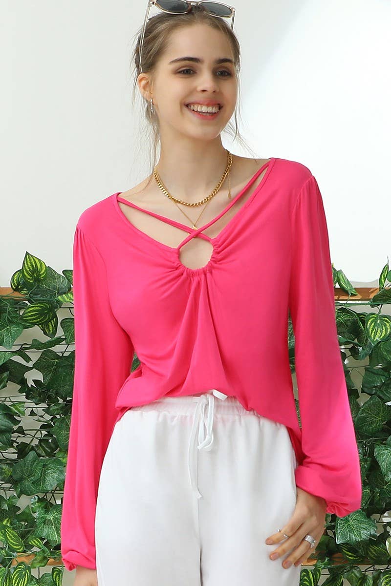 CWTTL1502-ROUND NECK KEYHOLE CROSSOVER STRAPS TOP