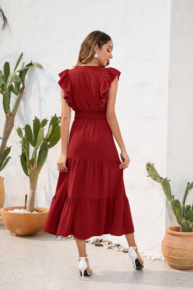 CWDMD2144_V-NECK HIGH-WAISTED CAKE DRESS