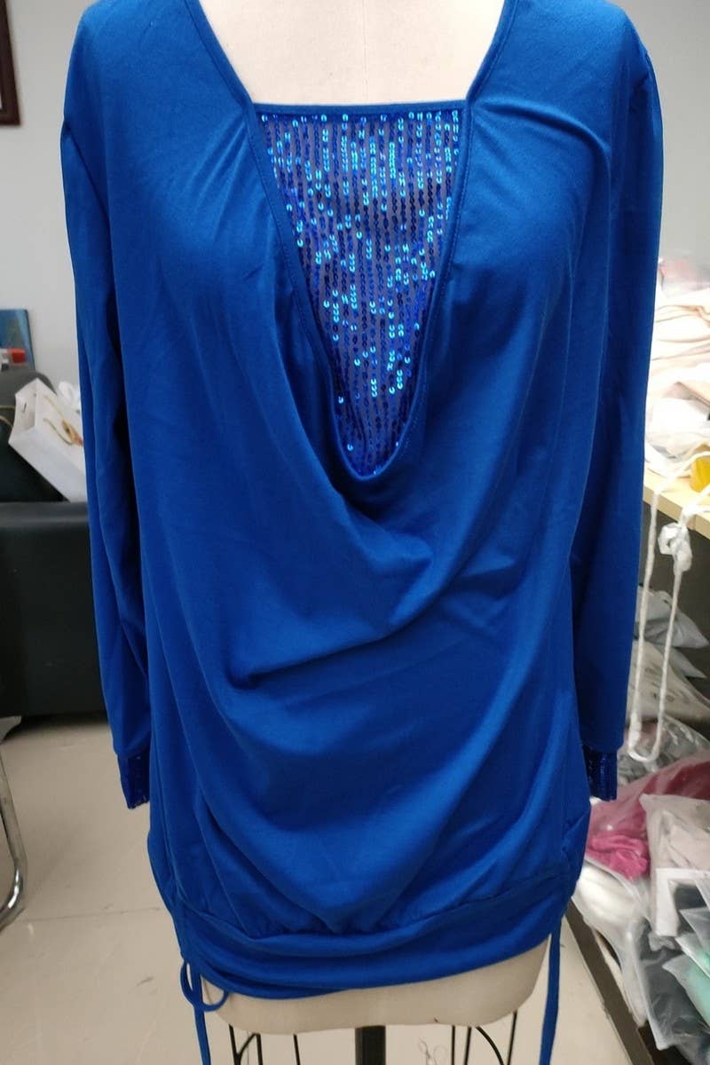 CWTBLL2791_U-NECK SOLID COLOR SEQUINED LONG-SLEEVED TOP