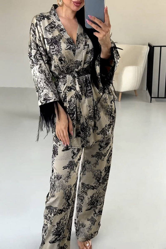 CWSPJ0265_PRINTED FEATHER TWO-PIECE KNITTED HOMEWEAR