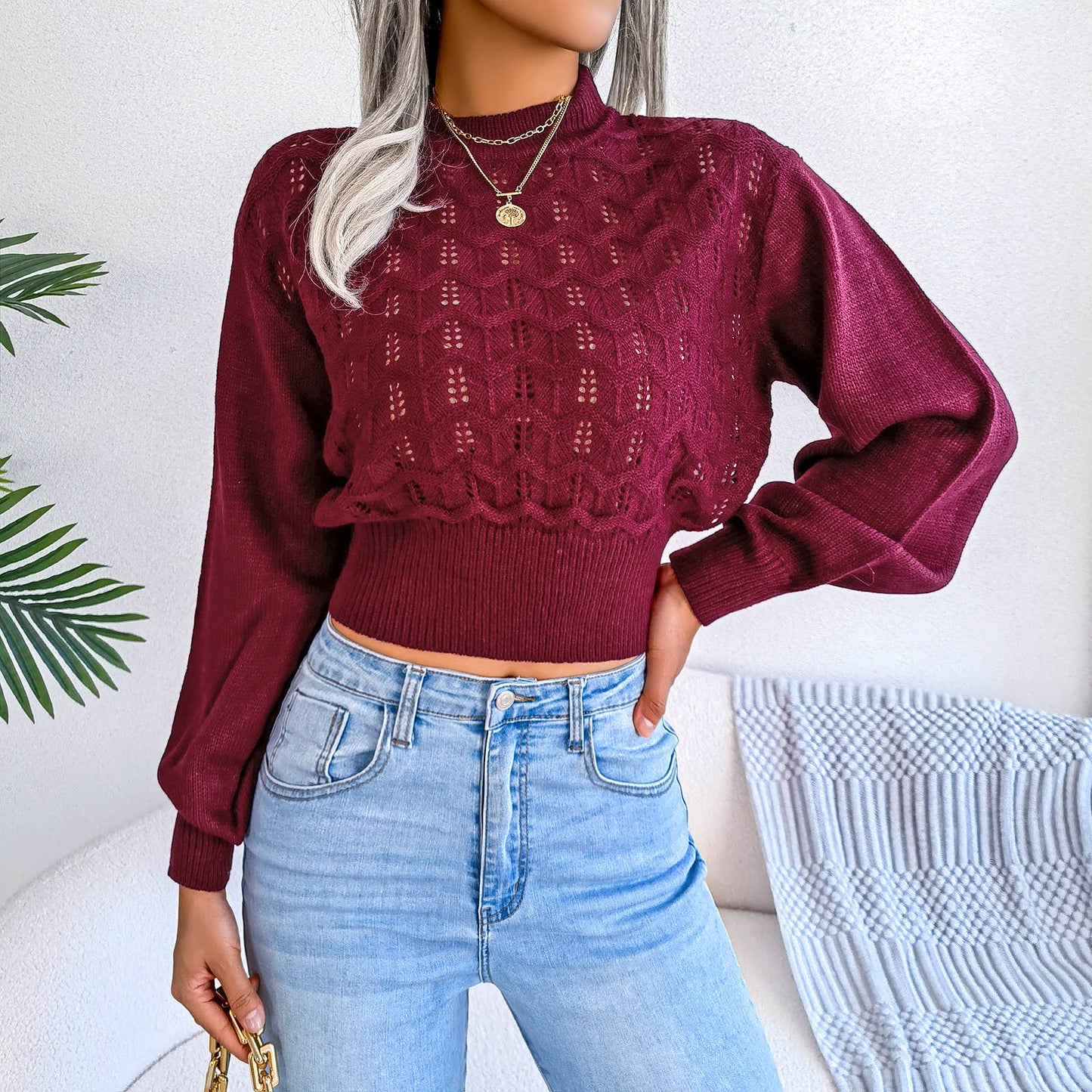 CUT-OUT STRIPED LANTERN SLEEVE CROP KNIT SWEATER
