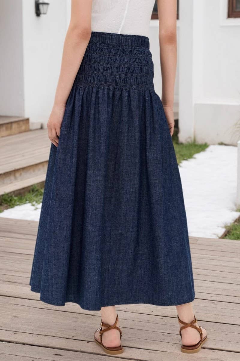 CWBLS0664_DARK BLUE HIGH WAIST RUFFLED DENIM SKIRT