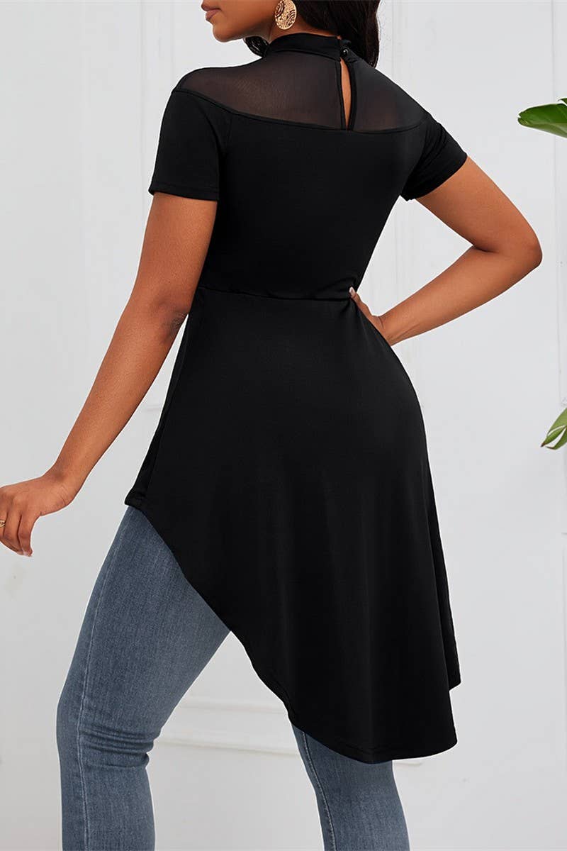 CWTTS1406_ROUND NECK HOT GIRL IRREGULAR HEM SHORT SLEEVE TOP