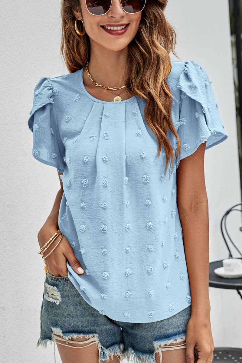 CWTBLS0342_Round neck Short Puff Sleeve Blouse