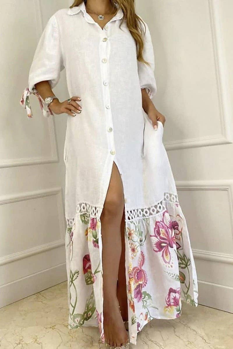 CWDMD6219_SPLICED TIE 3/4 SLEEVE SHIRT-STYLE LONG DRESS