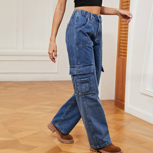 ELASTIC-WAISTED DENIM CASUAL CARGO PANTS