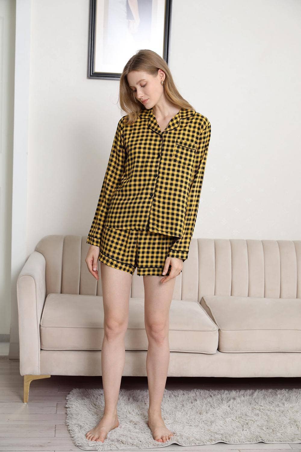 Checked long-sleeved shirt shorts pajama set