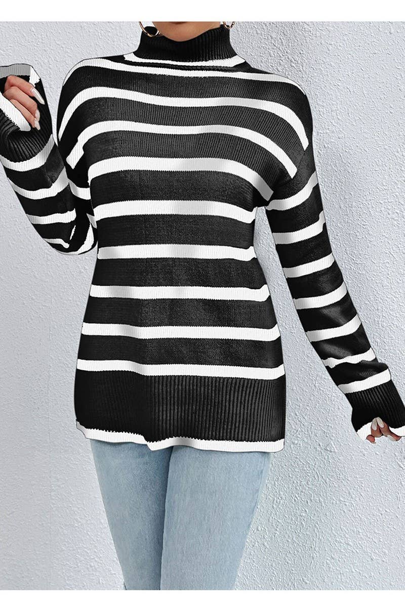 CWOSWL2699_CONTRAST COLOR HIGH COLLAR STRIPED KNIT TOP