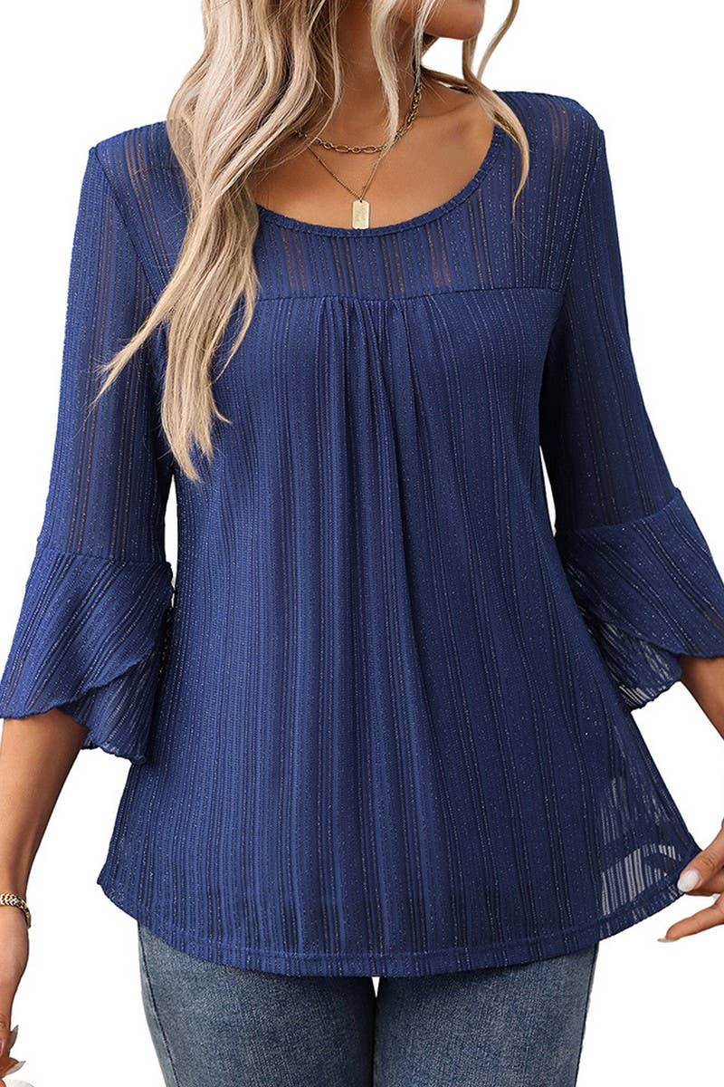 CWTBLL3696_ROUND NECK RUFFLE SLEEVE GLITTER MESH TOP