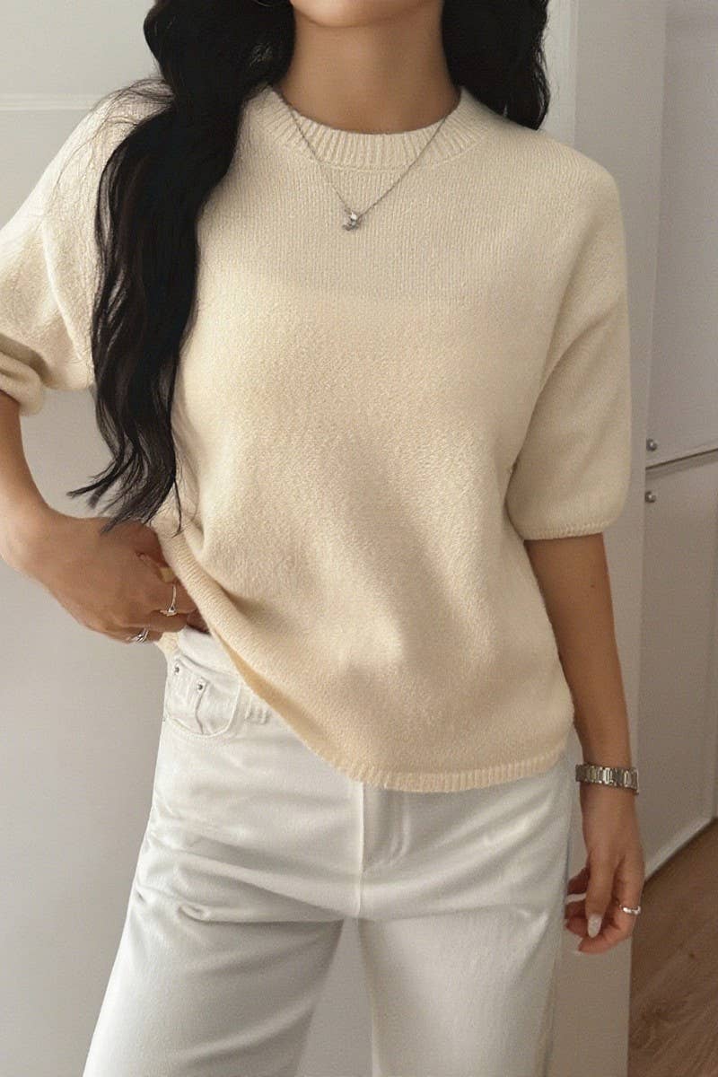 CWOSWS00158_SOLID COLOR SHORT-SLEEVED PULLOVER KNITTED TOP