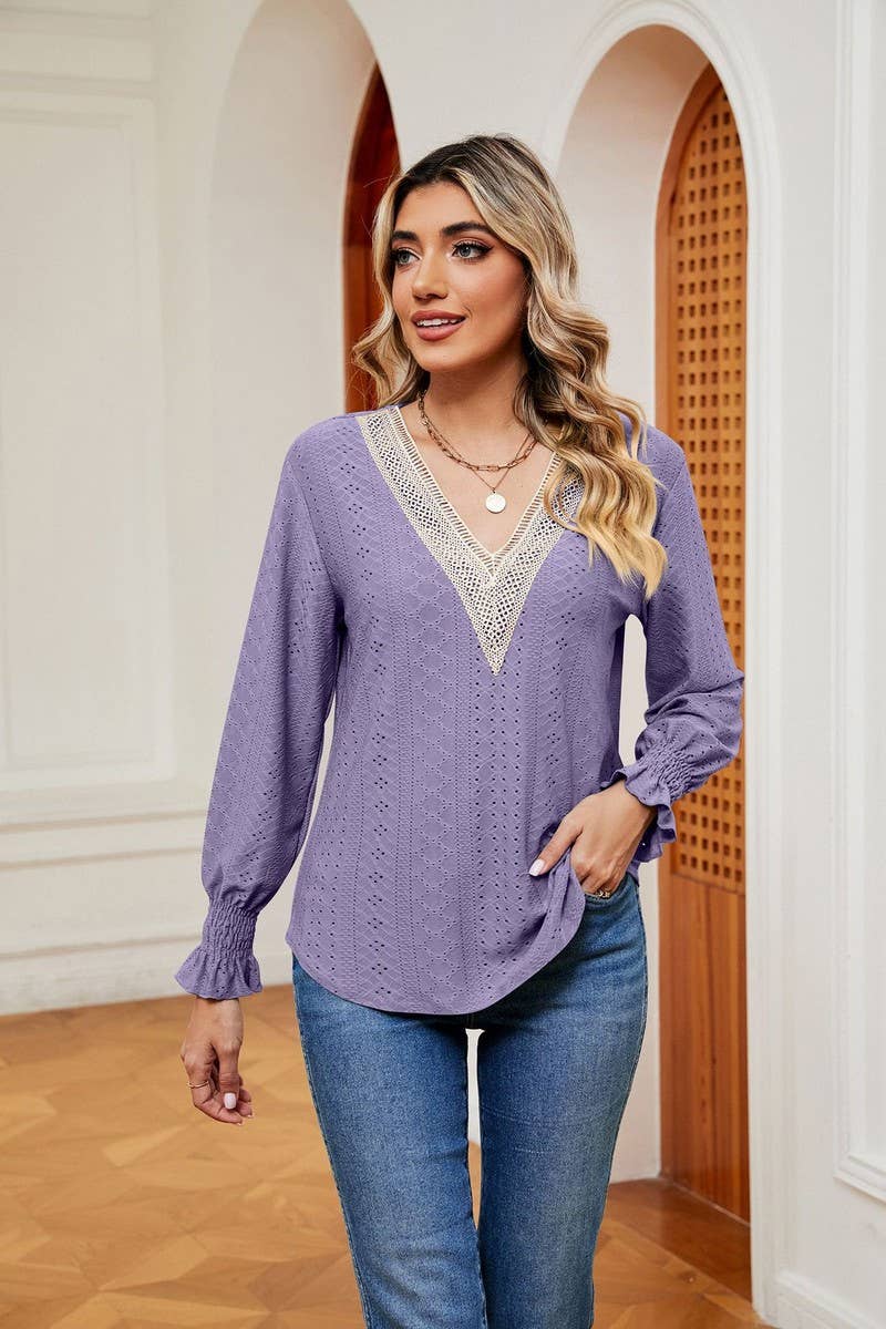 CWTBLL2389_V-NECK LACE STITCHING LONG-SLEEVED PULLOVER