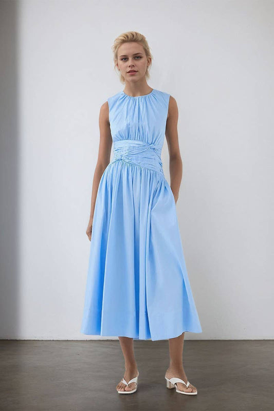 CWDMD6379_BLUE PLEATED POCKET WIDE-HEM MIDI DRESS