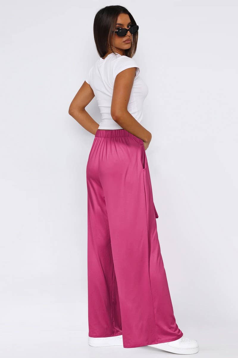 CWBLP1861_SOLID COLOR DRAPE LACE-UP WIDE-LEG PANTS