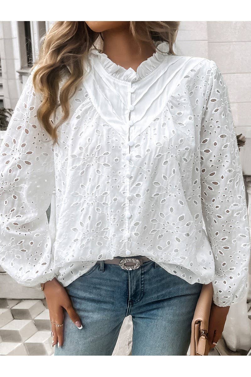 CWTBLL1140_Fashion Woven Hollow Puffy Sleeve Blouse