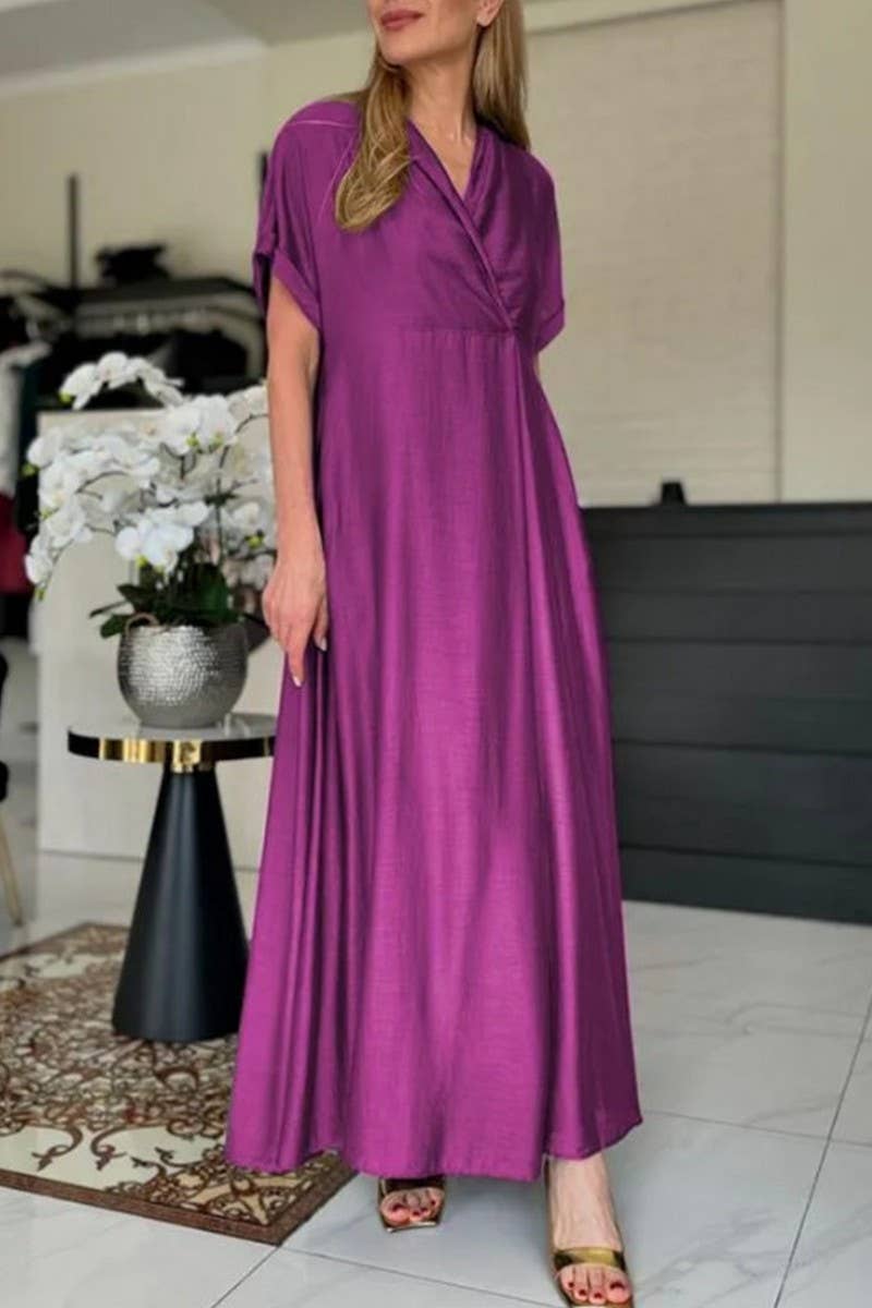 CWDMD4178_V_NECK SOLID COLOR SHORT SLEEVE LONG DRESS