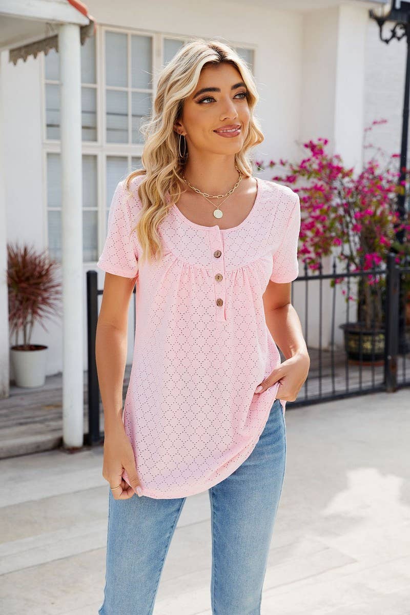 CWTBLS0435_Round Neck Short Sleeve Blouse