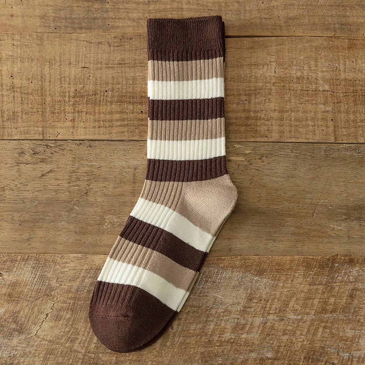 BROWN STRIPED EMBROIDERED BREATHABLE STACKED SOCKS_CWMS1115