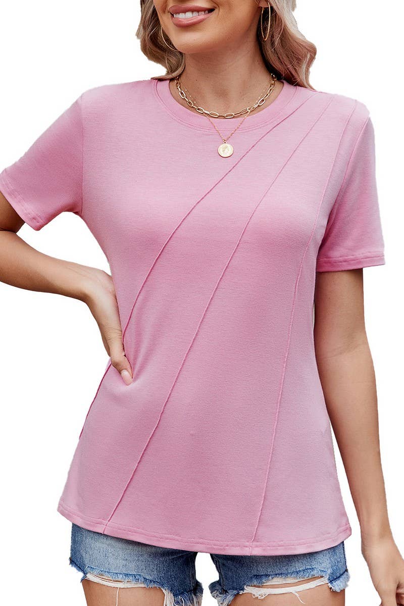 CWTBLS1740_ROUND NECK SHORT SLEEVE LOOSE T-SHIRT TOP