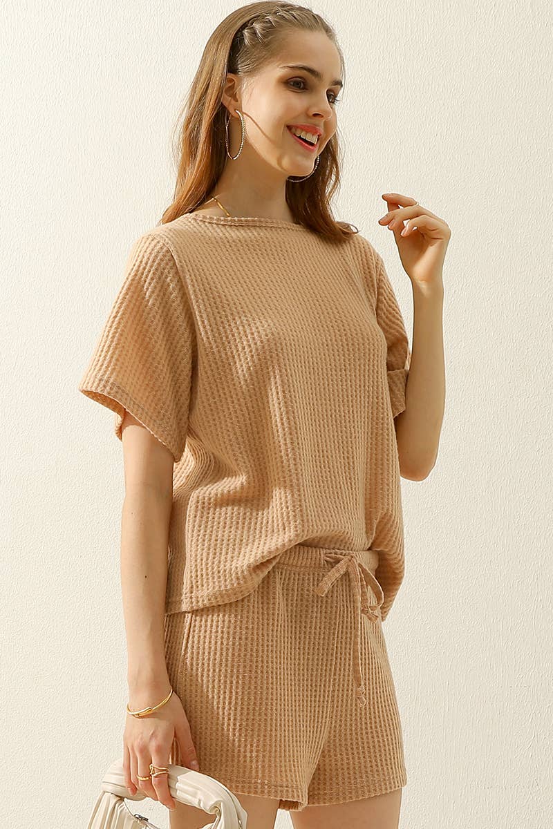 CWSTB274_SOLID WAFFLE KNIT TEE TOP & DRAWSTRING WAIST SHORTS