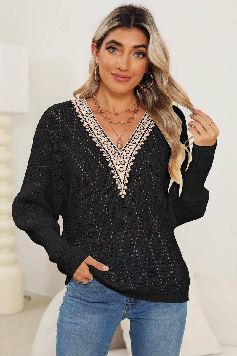 CWOSWL07411_WOMEN LACE V-NECK SLEEVE KNIT SWEATER
