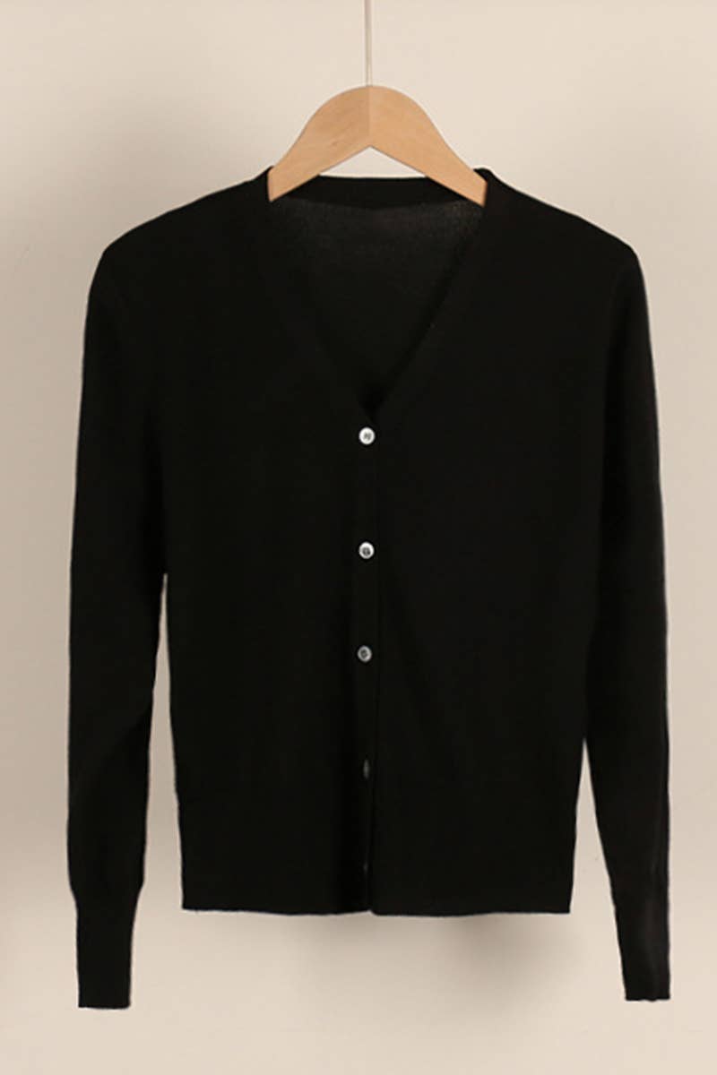 CWOCAL0333 Button Down Sleeve  V-Neck Cardigan Sweater