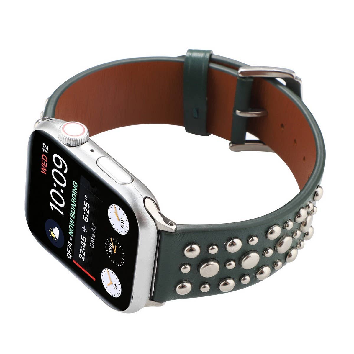 APPLE WATCH 9 SILVER RIVET LEATHER STRAP_CWASC1546