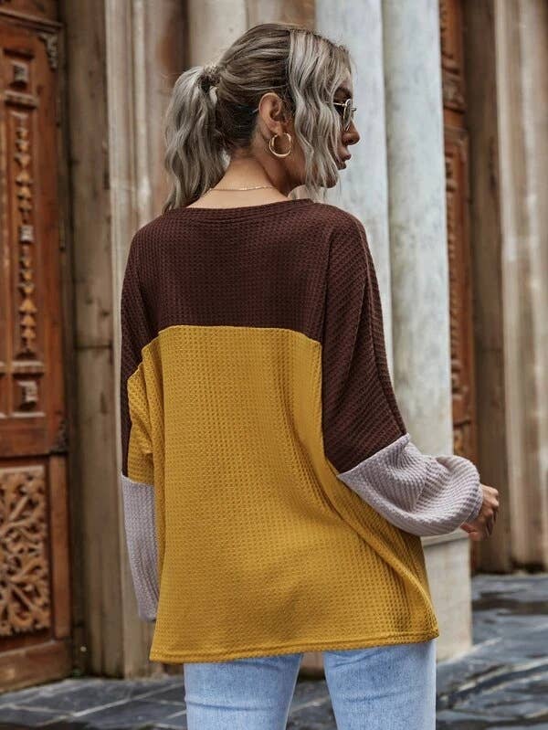 COLOR CONTRAST PATCHWORK LONG-SLEEVED CASUAL TOP