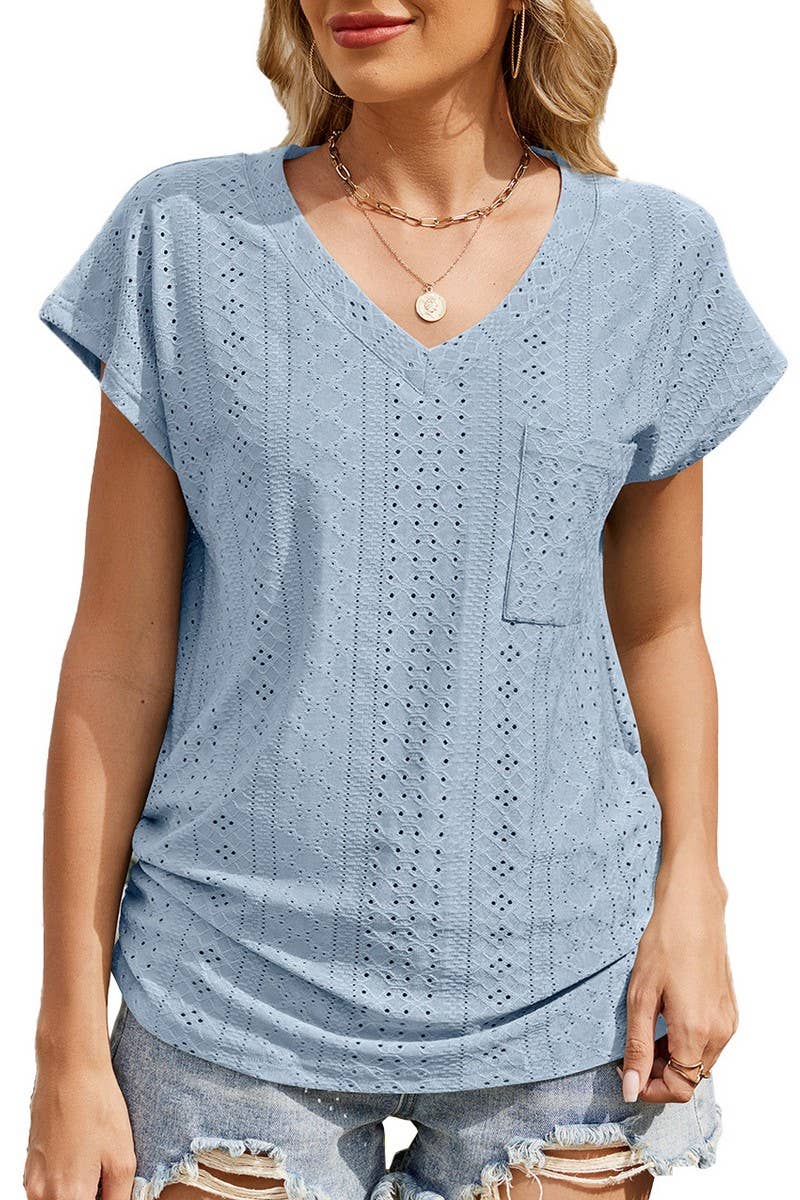 CWTBLS1730_SOLID COLOR V-NECK POCKET SHORT-SLEEVED TOP