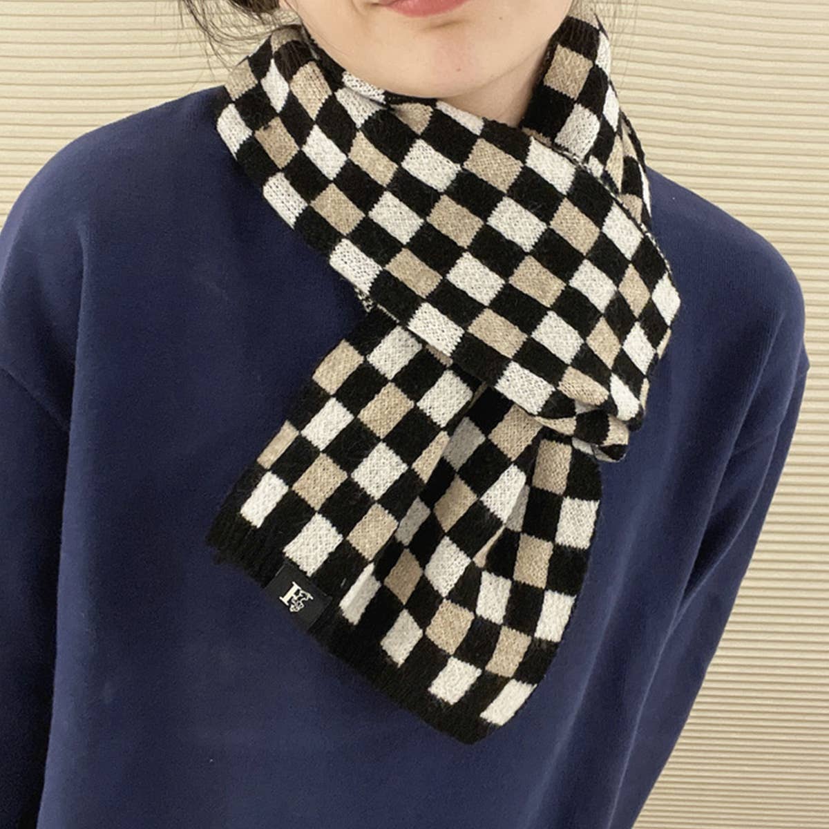 Colorblock Checkered Knit Scarf for Women