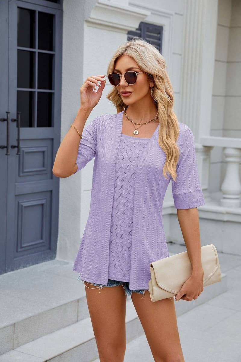 CWTBLS0441_Short Sleeve Tops Fake Two Pieces Pullover Blouse