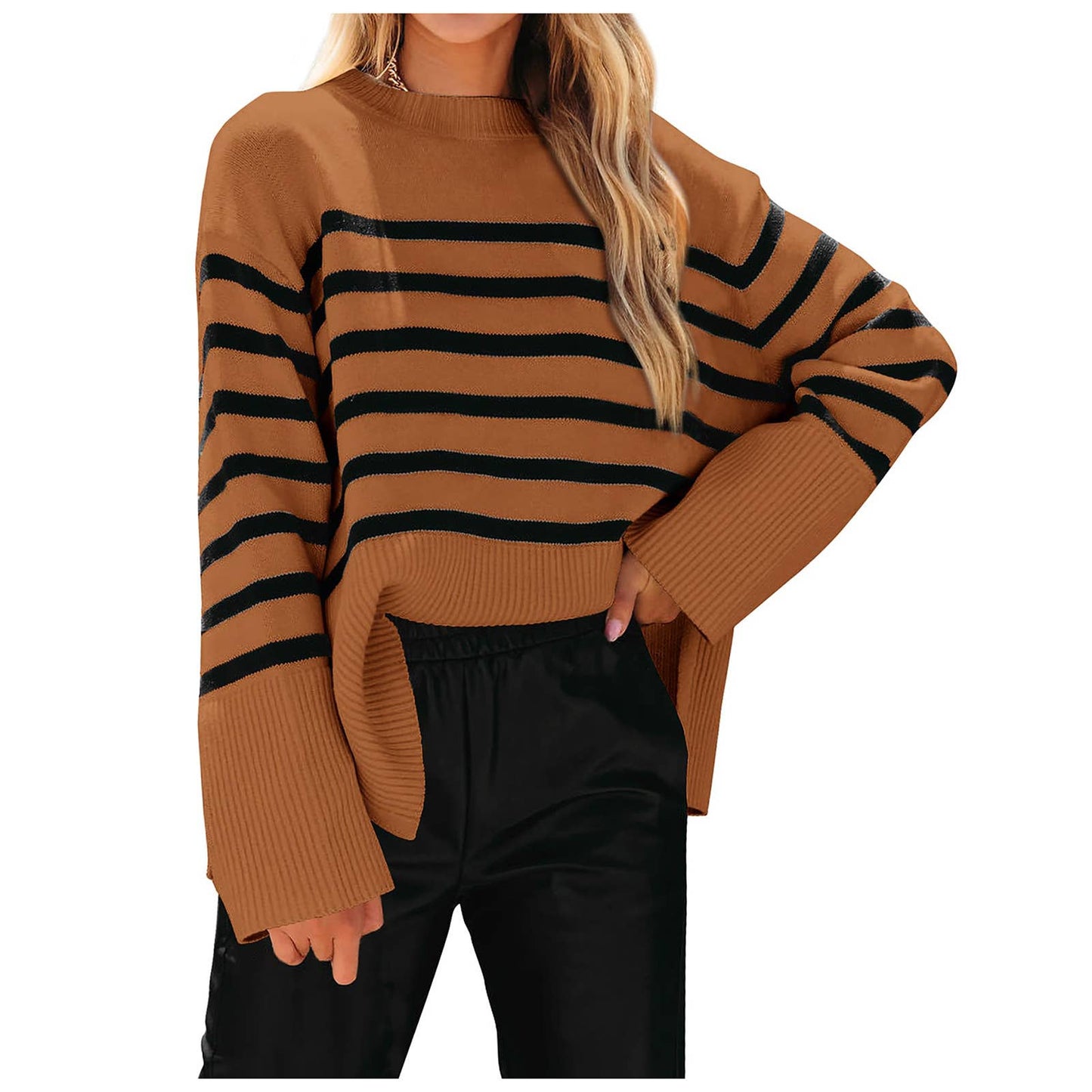 Crew-neck loose striped sweater with fat sleeves