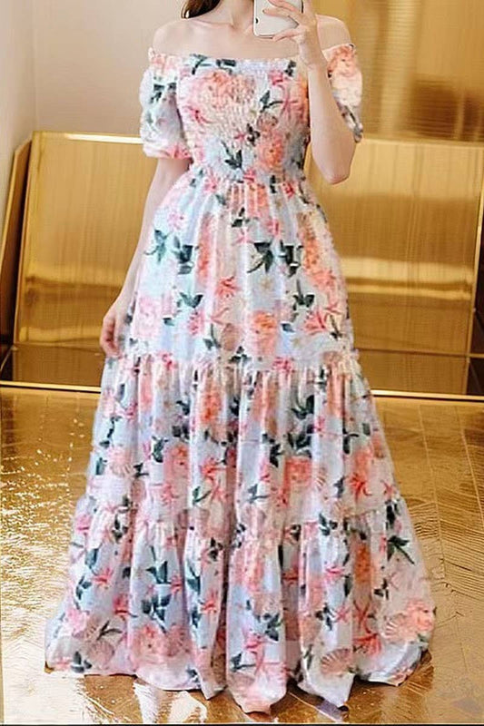 CWDMD5399_OFF SHOULDER RUFFLE FLORAL PRINT MAXI DRESS