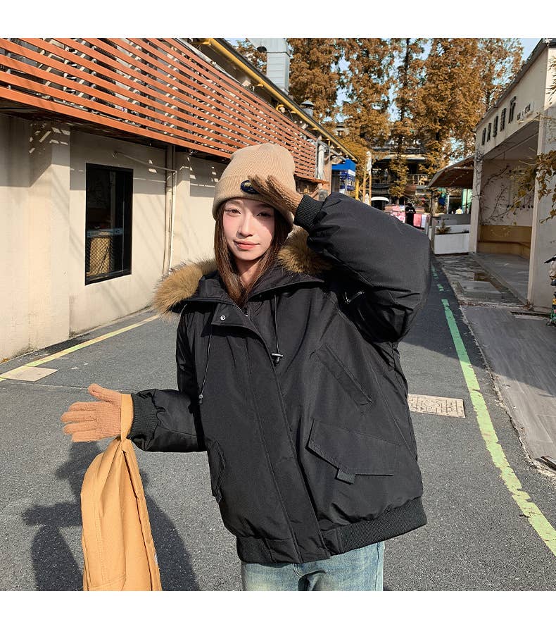 American retro hooded wool-neck coat