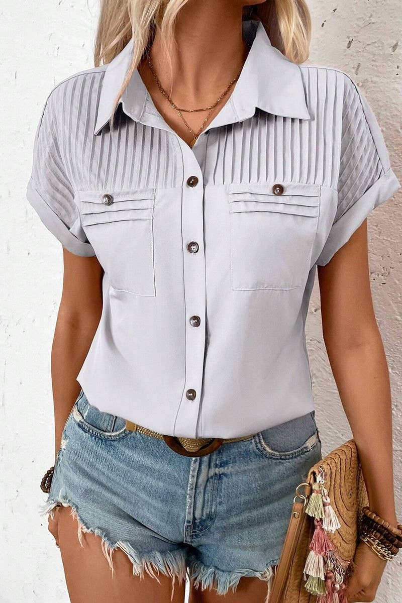 CWTSTS0680_SOLID COLOR LAPEL PLEATED RAGLAN SHORT SLEEVE TOP