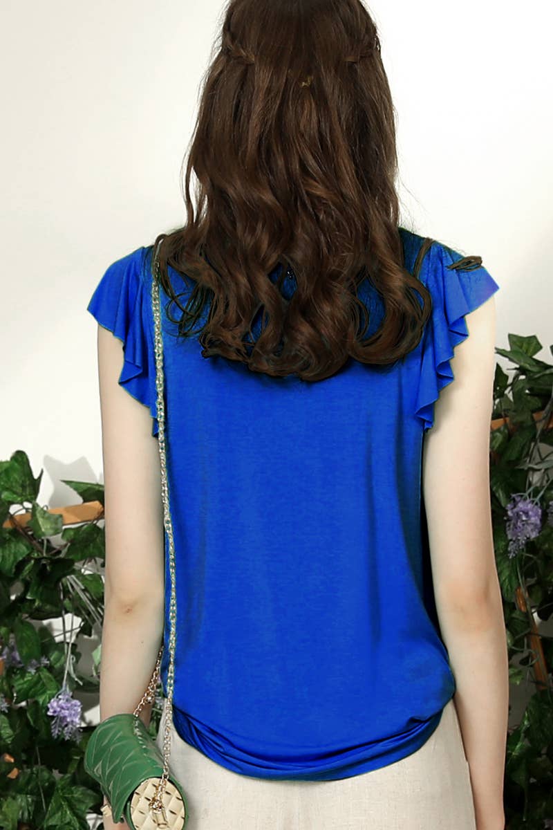 CWTTS690_V NECK BUTTERFLY RUFFLE SHORT SLEEVE T SHIRT TOP