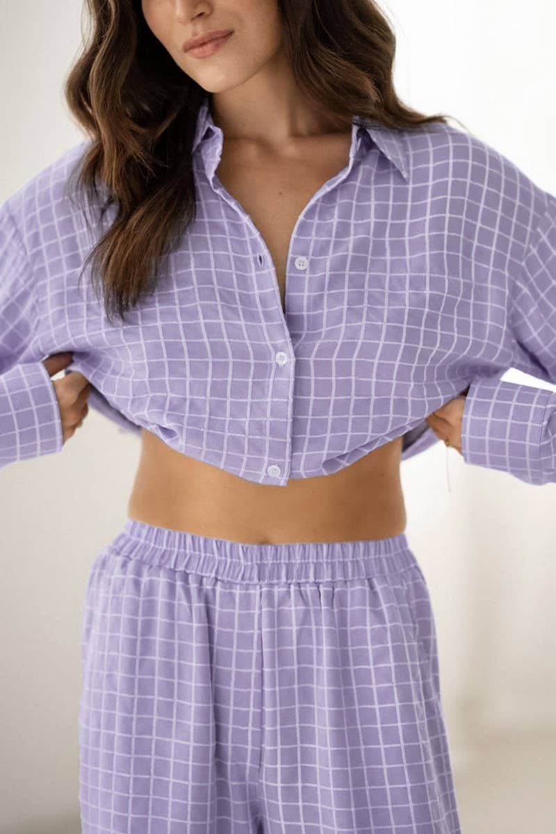 CWSPJ0308_PURPLE PLAID LONG SLEEVE LONG PANTS PAJAMA SET