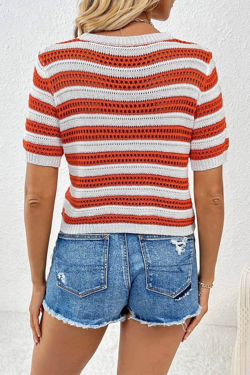 CWOSWS0043_Round Neck Short Sleeve Striped Knit Sweater