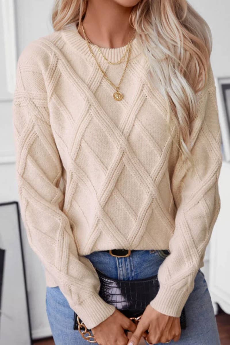 CWOSWL5128_WINTER CREW NECK LONG SLEEVE DIAMOND SWEATER