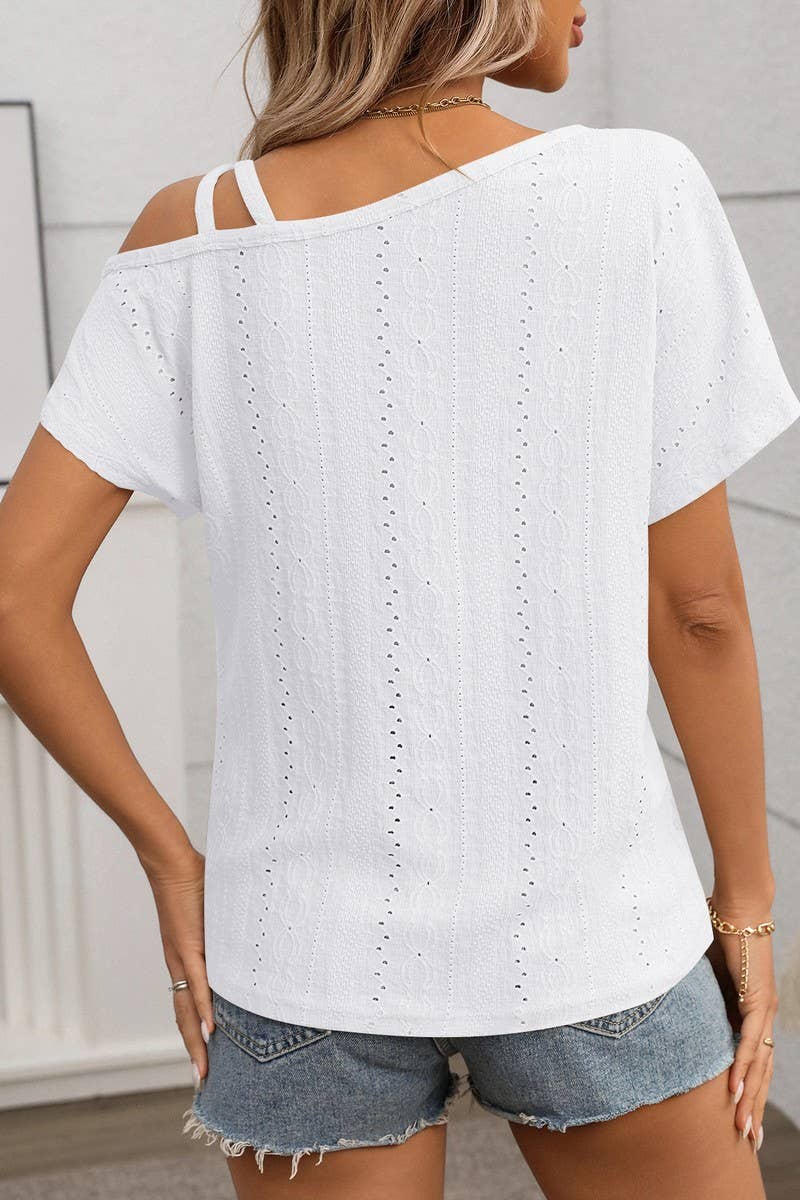 CWTBLS1717_SOLID COLOR ONE SHOULDER HOLLOW SHORT SLEEVE TOP