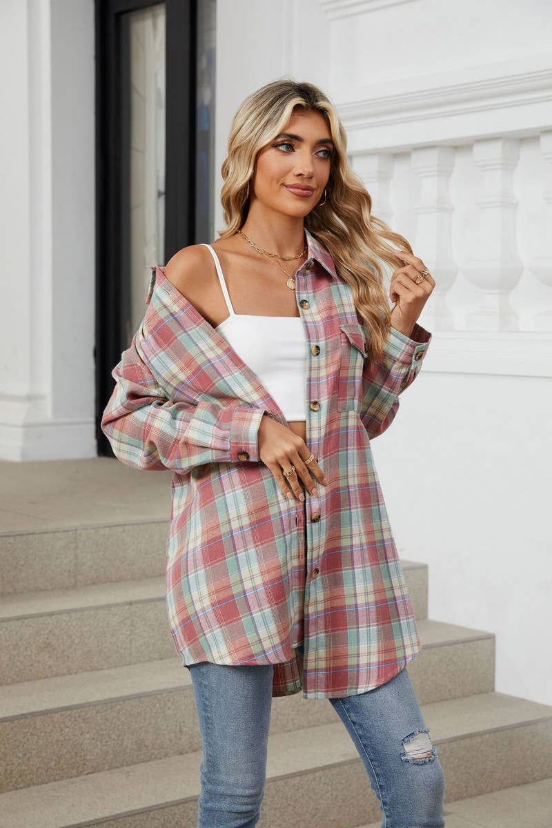 CWTBLL3745_AUTUMN AND WINTER STRIPED PLAID BUTTON-DOWN SHIRT